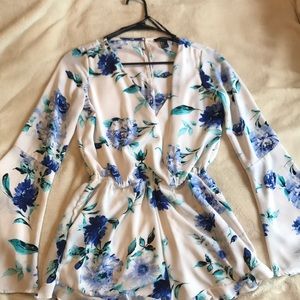Blue and white floral romper